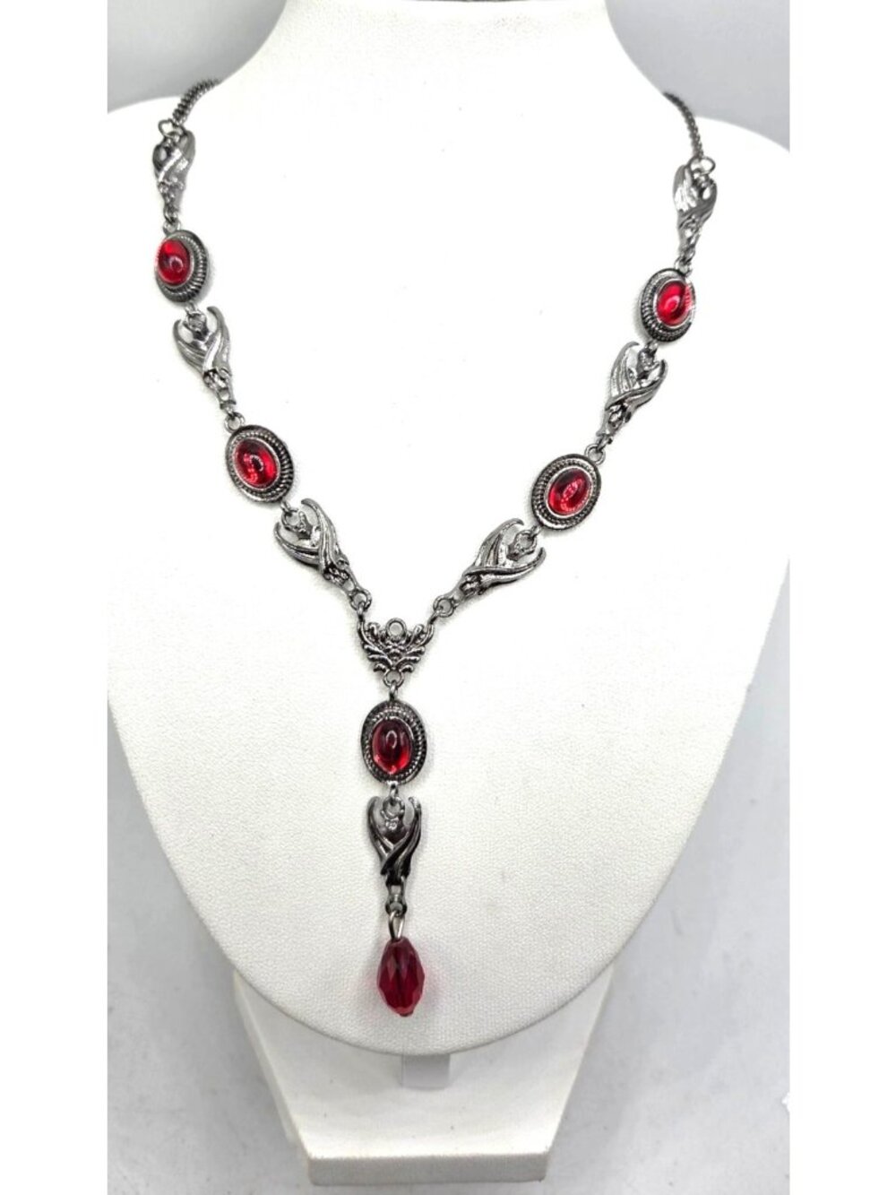 Silver Tone Gothic Necklace With Red Gemstones & Drop Pendant